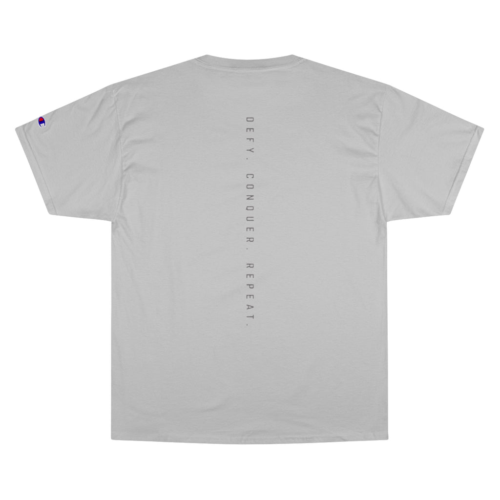 Champion T-Shirt — DAROK Minimal Logo Tee with Vertical “Defy Conquer Repeat” Back Print