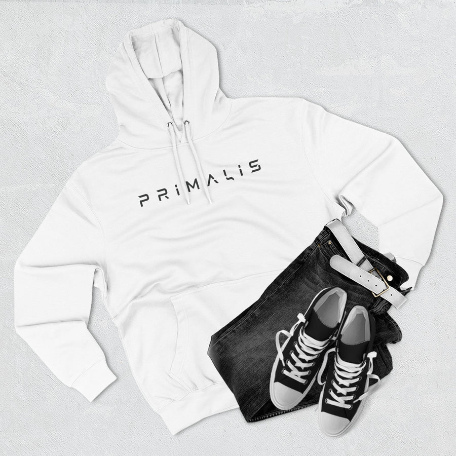 Primalis Minimal Logo Hoodie — White Fleece Pullover with Front Text & Back Emblem