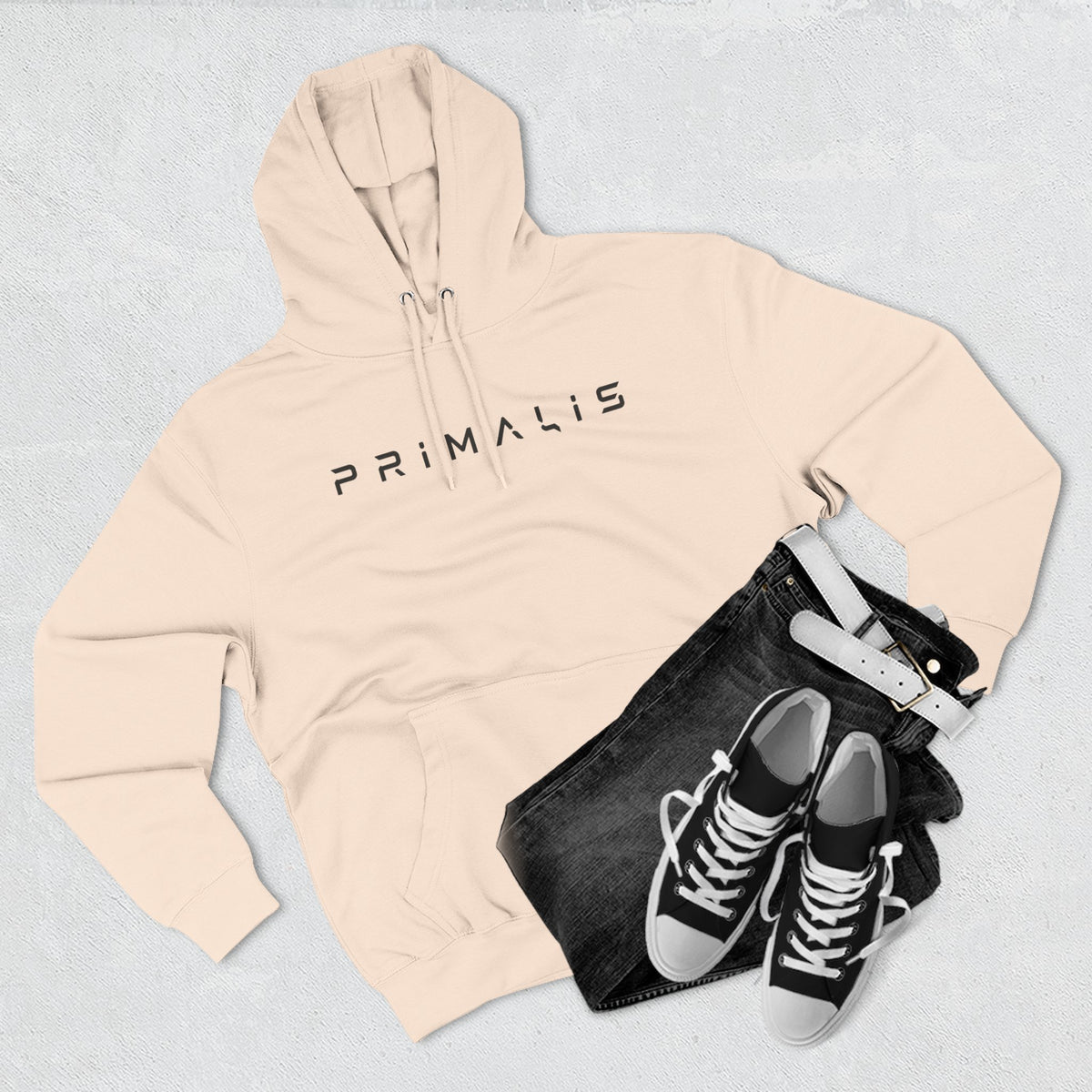 Primalis Minimal Logo Hoodie — White Fleece Pullover with Front Text & Back Emblem