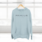 Primalis Minimal Logo Hoodie — White Fleece Pullover with Front Text & Back Emblem