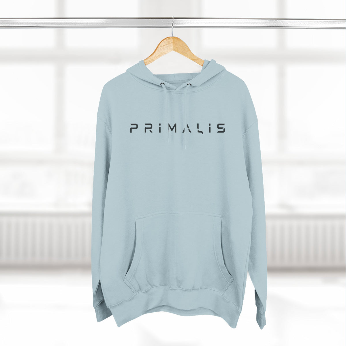 Primalis Minimal Logo Hoodie — White Fleece Pullover with Front Text & Back Emblem