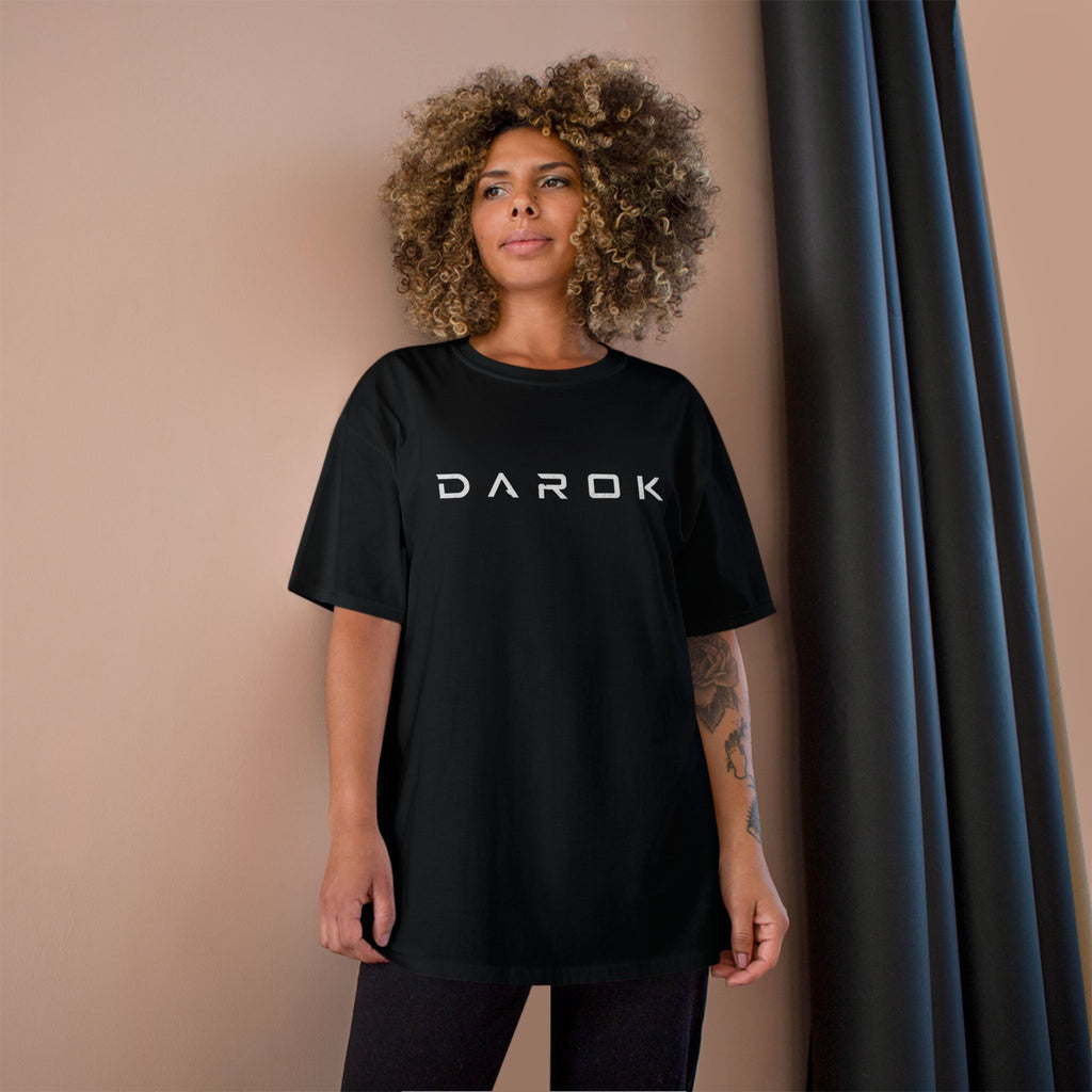 Champion T-Shirt — DAROK Minimal Logo Tee with Vertical “Defy Conquer Repeat” Back Print