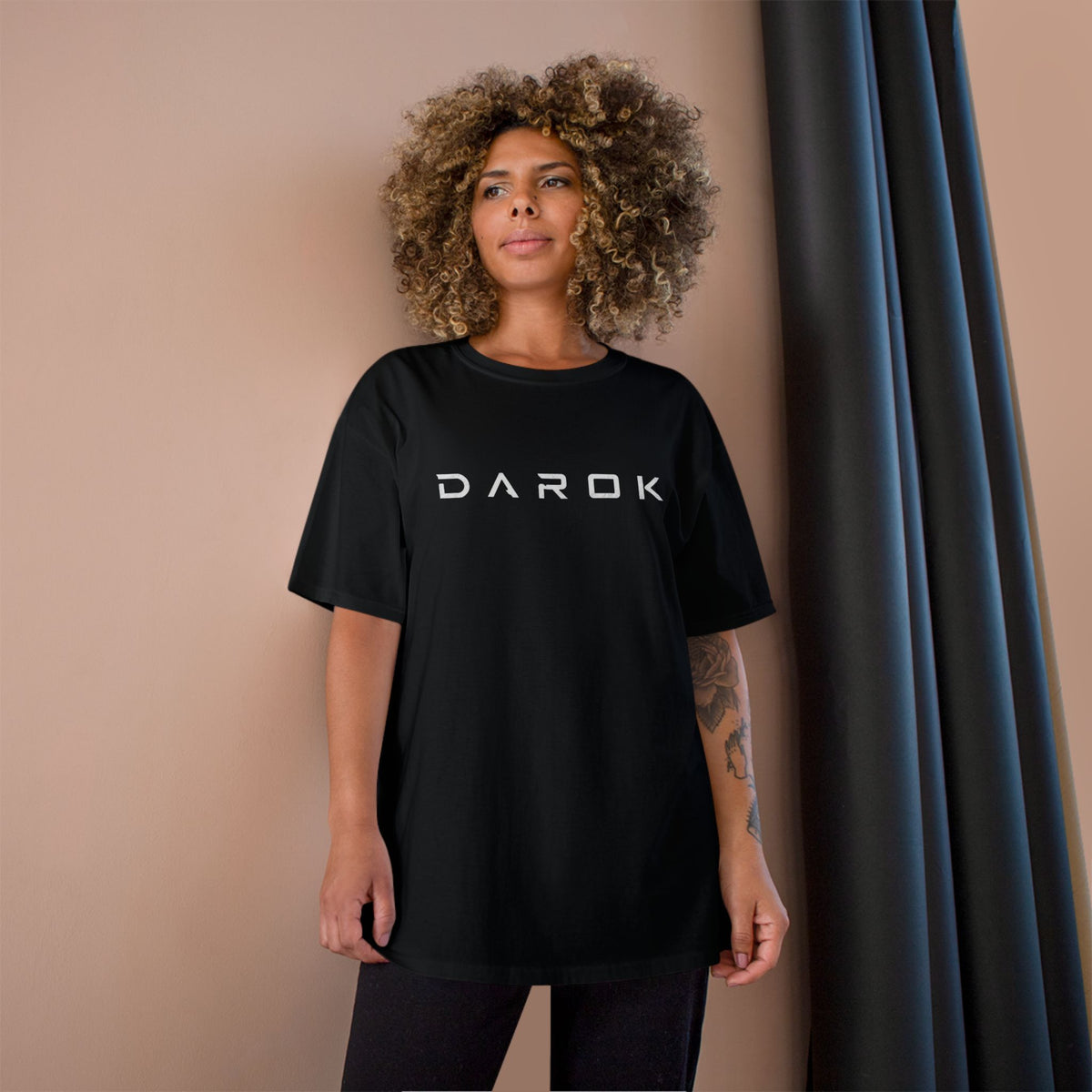 Champion T-Shirt — DAROK Minimal Logo Tee with Vertical “Defy Conquer Repeat” Back Print