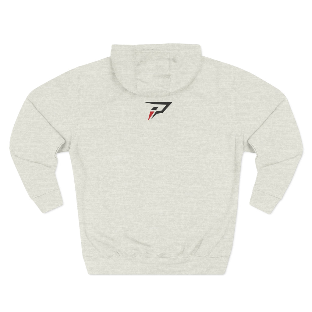 Primalis Minimal Logo Hoodie — White Fleece Pullover with Front Text & Back Emblem