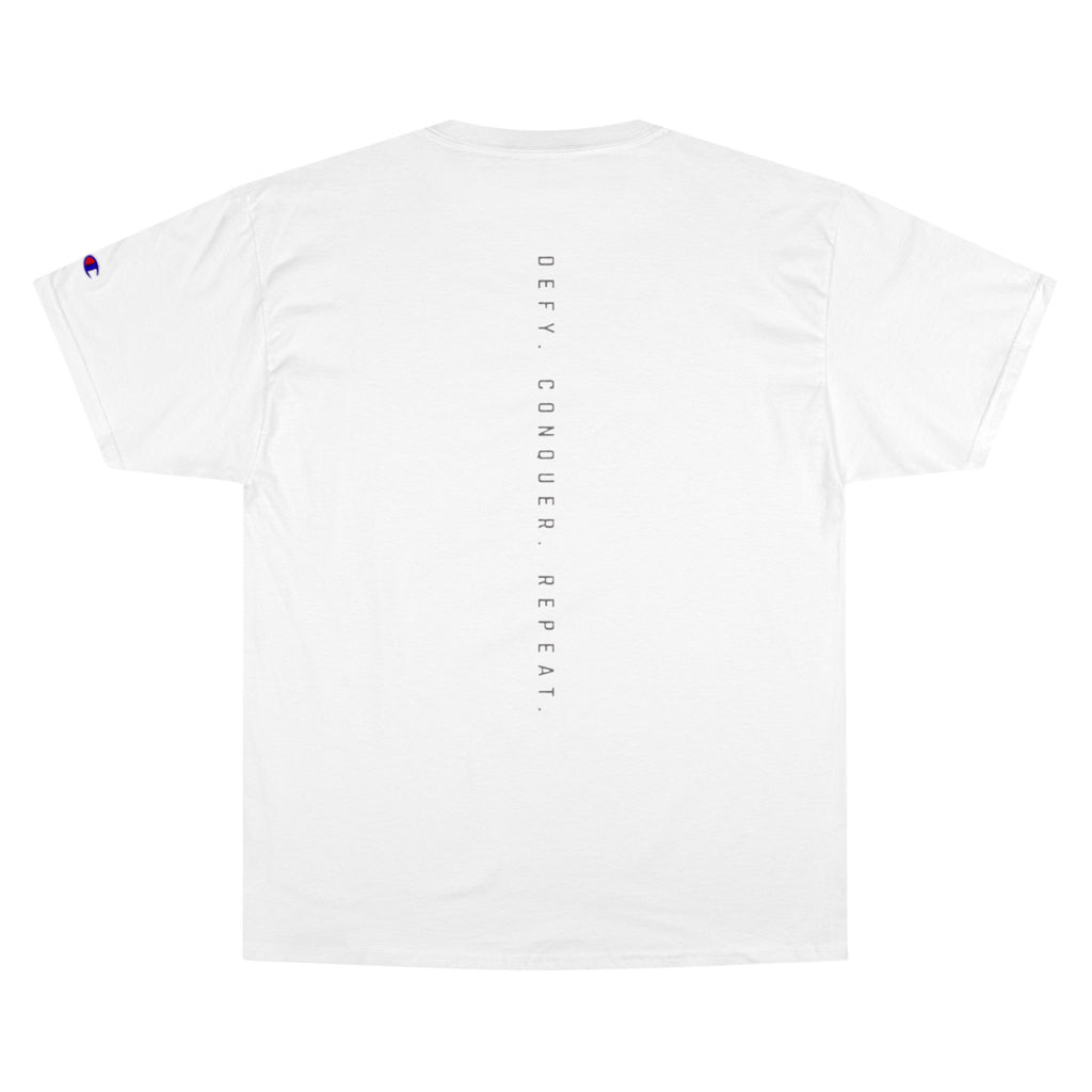 Champion T-Shirt — DAROK Minimal Logo Tee with Vertical “Defy Conquer Repeat” Back Print