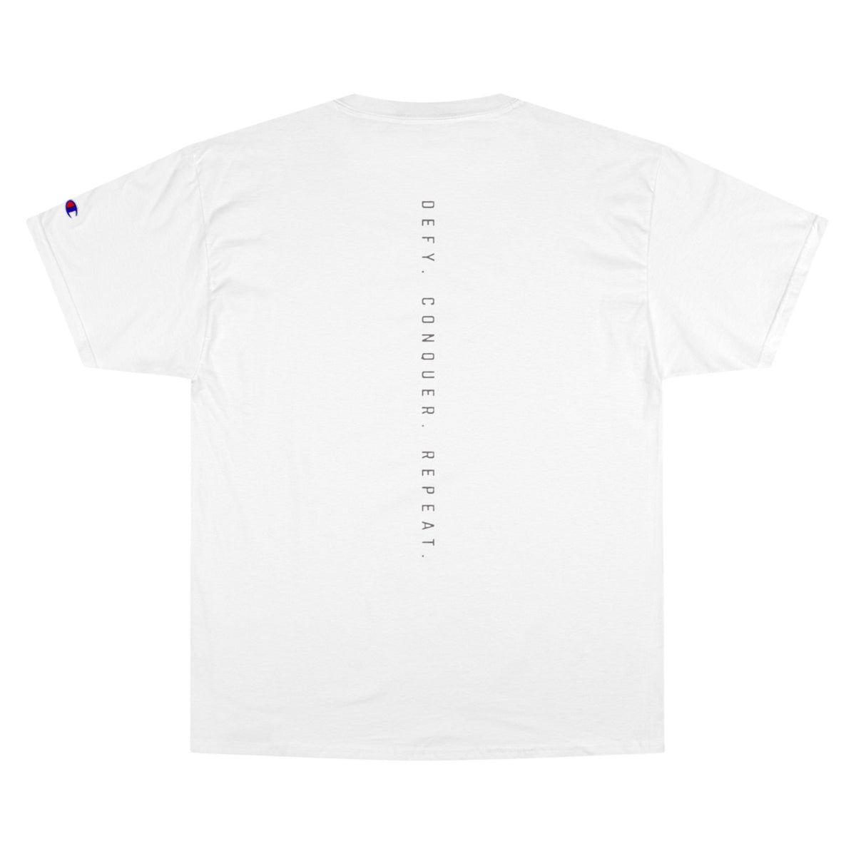 Champion T-Shirt — DAROK Minimal Logo Tee with Vertical “Defy Conquer Repeat” Back Print