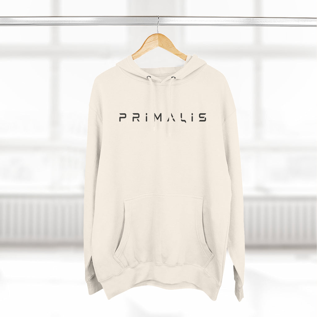 Primalis Minimal Logo Hoodie — White Fleece Pullover with Front Text & Back Emblem