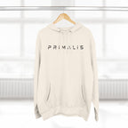 Primalis Minimal Logo Hoodie — White Fleece Pullover with Front Text & Back Emblem