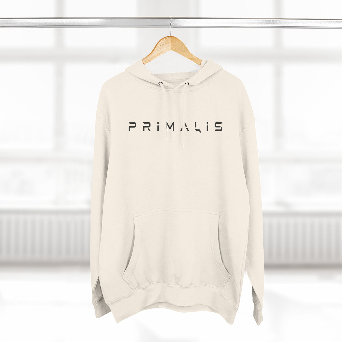 Primalis Minimal Logo Hoodie — White Fleece Pullover with Front Text & Back Emblem