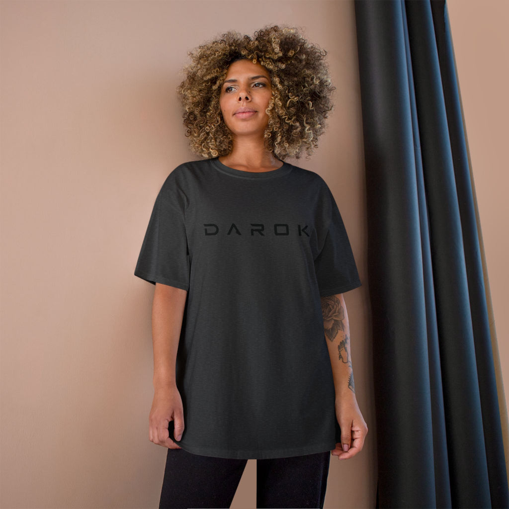 Champion T-Shirt — DAROK Minimal Logo Tee with Vertical “Defy Conquer Repeat” Back Print