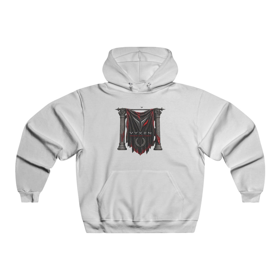 VYXEN Gothic Draped Curtain Hoodie — Red & Black Medieval Shield Design