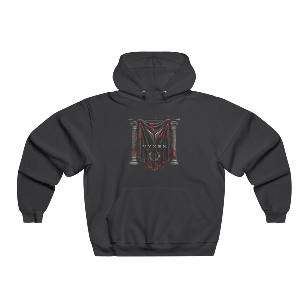 VYXEN Gothic Draped Curtain Hoodie — Red & Black Medieval Shield Design