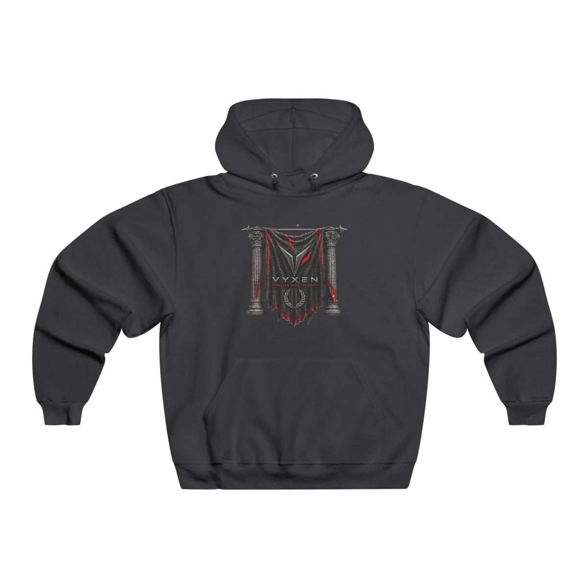 VYXEN Gothic Draped Curtain Hoodie — Red & Black Medieval Shield Design