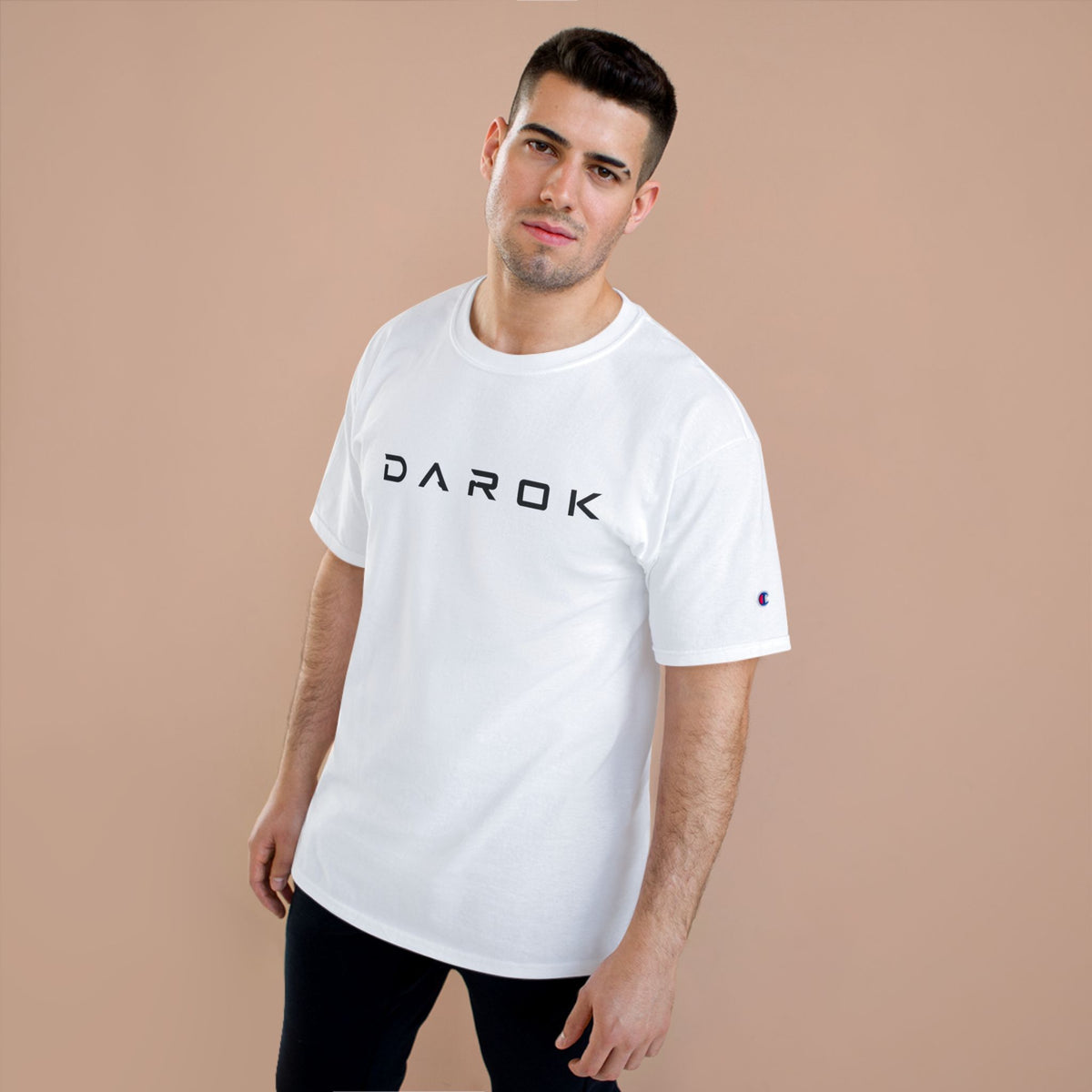 Champion T-Shirt — DAROK Minimal Logo Tee with Vertical “Defy Conquer Repeat” Back Print