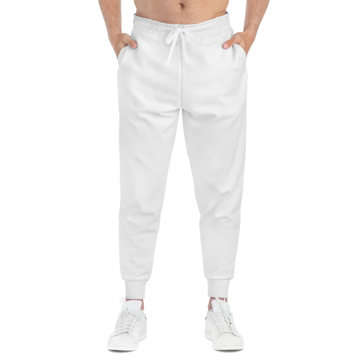 Athletic Joggers — Minimalist White AOP Joggers with 'DARK' Logo & Side Text