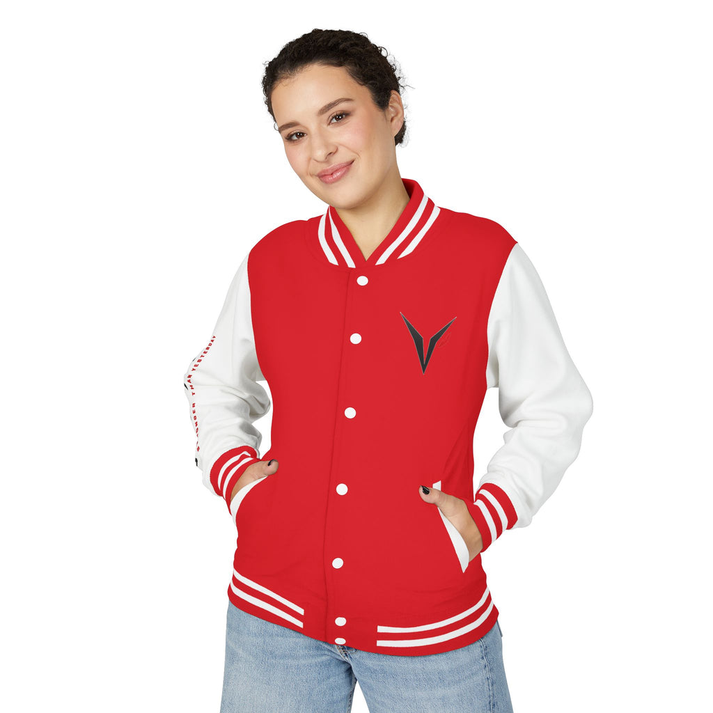 Vyxen Red & White Letterman Jacket — "VYXEN" Sleeve Logo