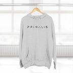 Primalis Minimal Logo Hoodie — White Fleece Pullover with Front Text & Back Emblem