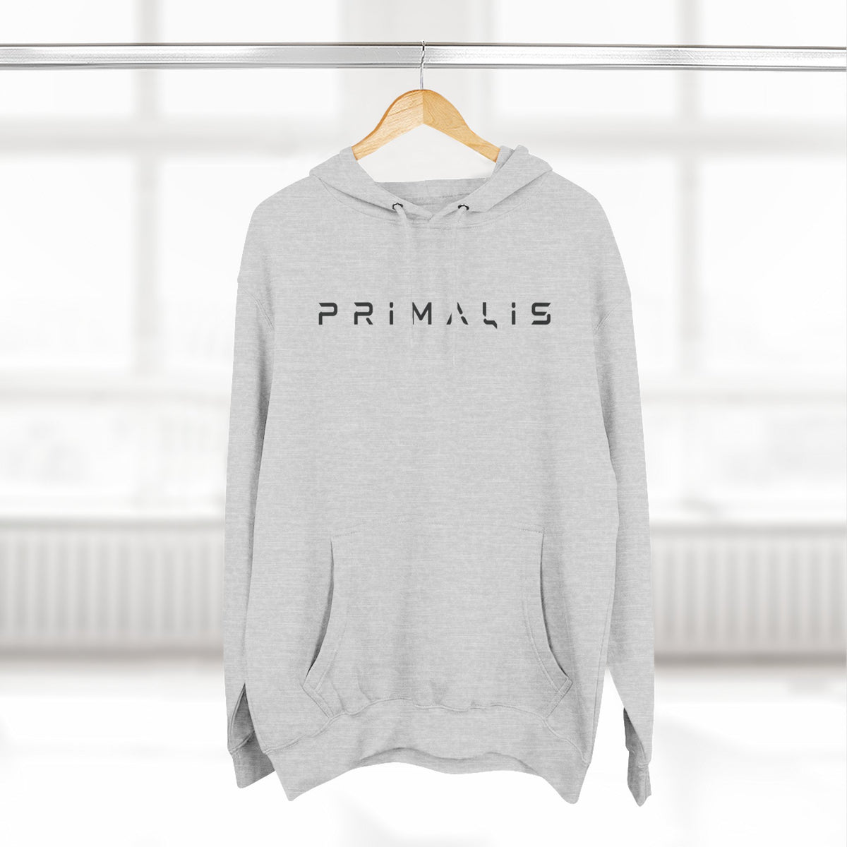 Primalis Minimal Logo Hoodie — White Fleece Pullover with Front Text & Back Emblem