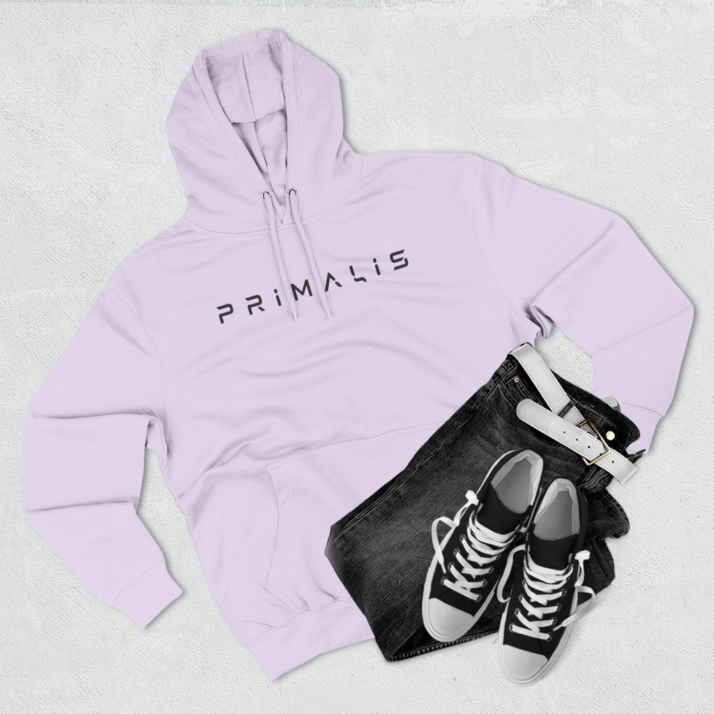 Primalis Minimal Logo Hoodie — White Fleece Pullover with Front Text & Back Emblem