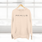 Primalis Minimal Logo Hoodie — White Fleece Pullover with Front Text & Back Emblem