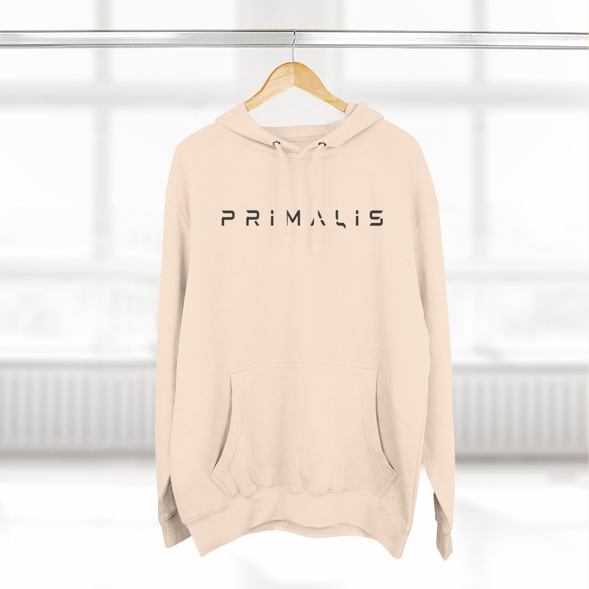 Primalis Minimal Logo Hoodie — White Fleece Pullover with Front Text & Back Emblem