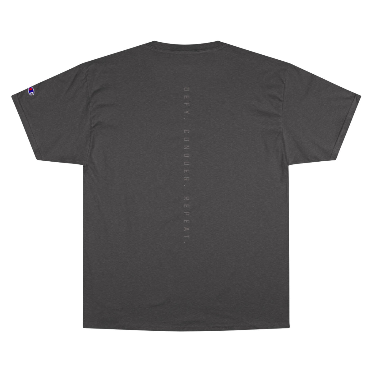 Champion T-Shirt — DAROK Minimal Logo Tee with Vertical “Defy Conquer Repeat” Back Print