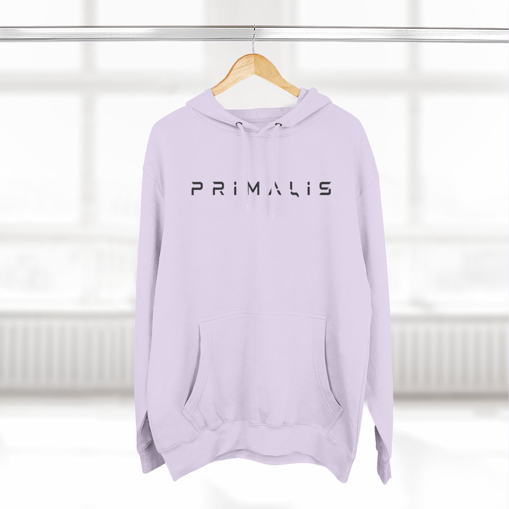 Primalis Minimal Logo Hoodie — White Fleece Pullover with Front Text & Back Emblem