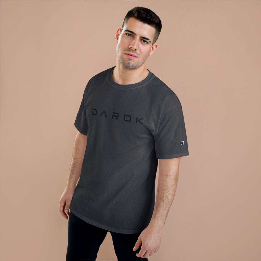 Champion T-Shirt — DAROK Minimal Logo Tee with Vertical “Defy Conquer Repeat” Back Print