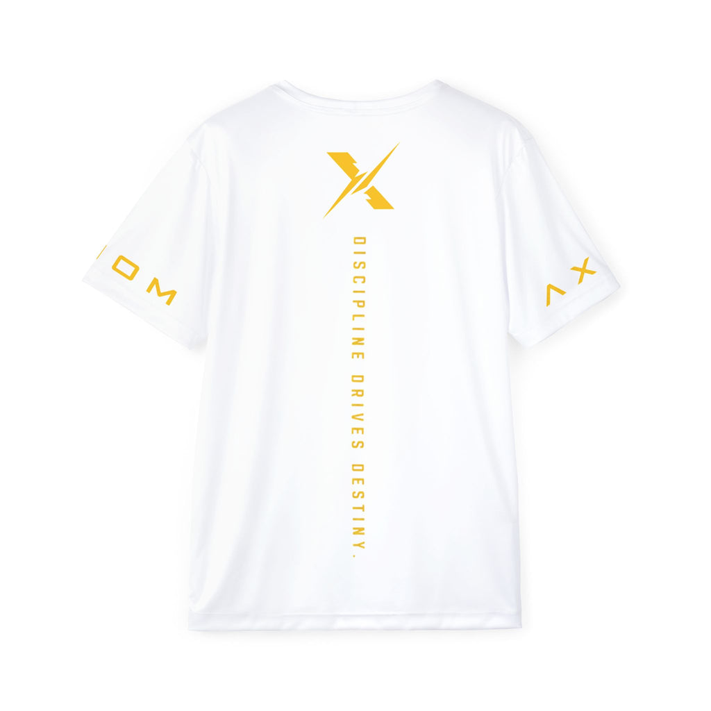Sports Jersey — White Performance Tee with Yellow X Logo & “Discipline Drives Destiny” Back Print
