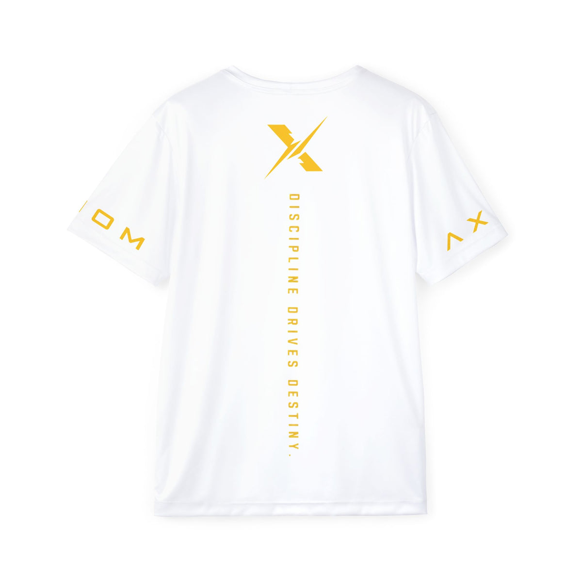 Sports Jersey — White Performance Tee with Yellow X Logo & “Discipline Drives Destiny” Back Print