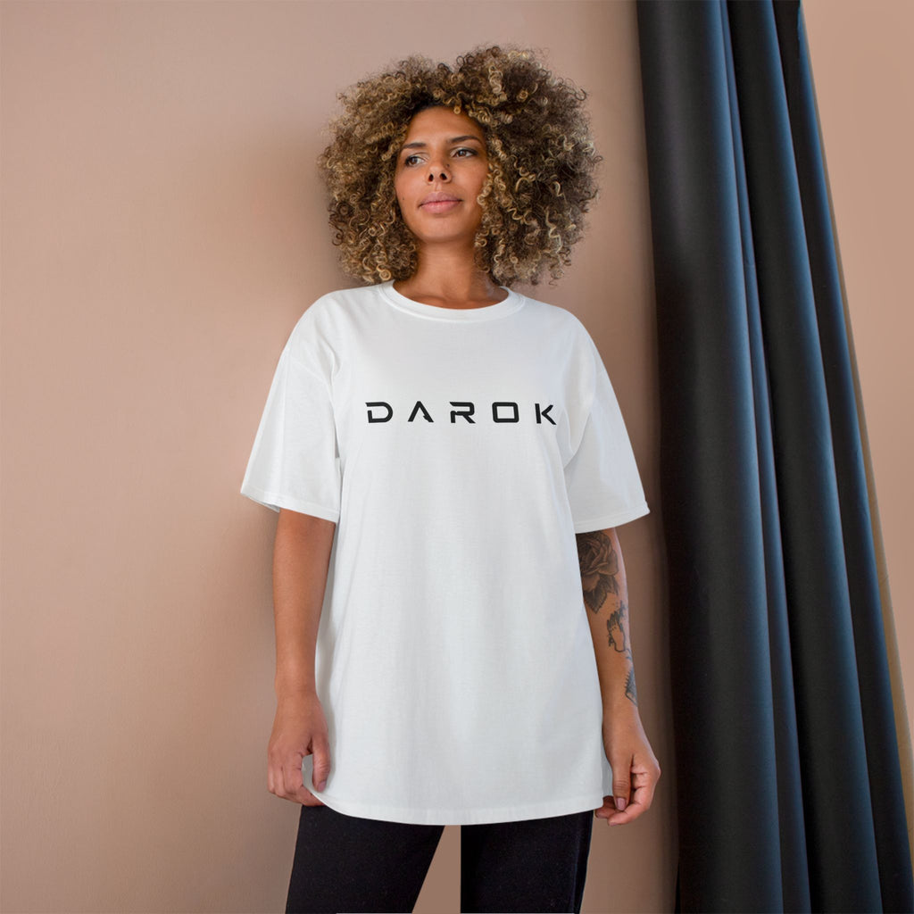 Champion T-Shirt — DAROK Minimal Logo Tee with Vertical “Defy Conquer Repeat” Back Print