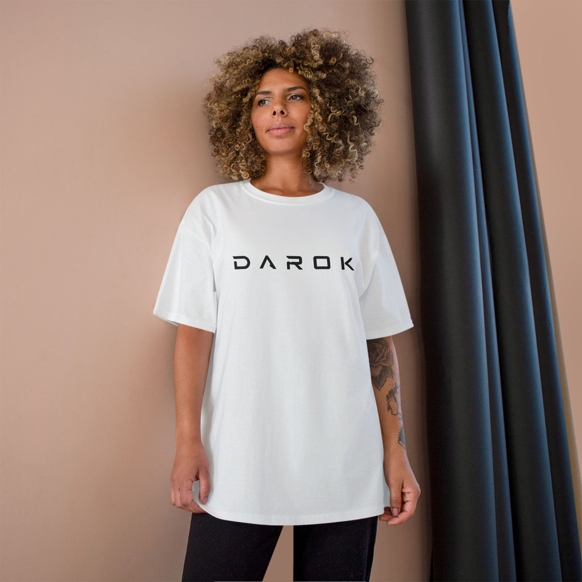 Champion T-Shirt — DAROK Minimal Logo Tee with Vertical “Defy Conquer Repeat” Back Print