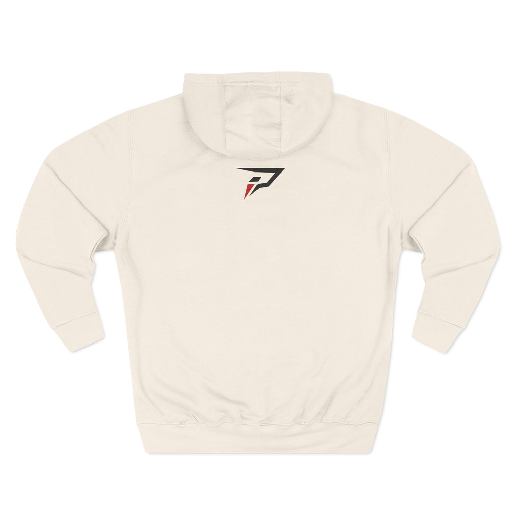 Primalis Minimal Logo Hoodie — White Fleece Pullover with Front Text & Back Emblem
