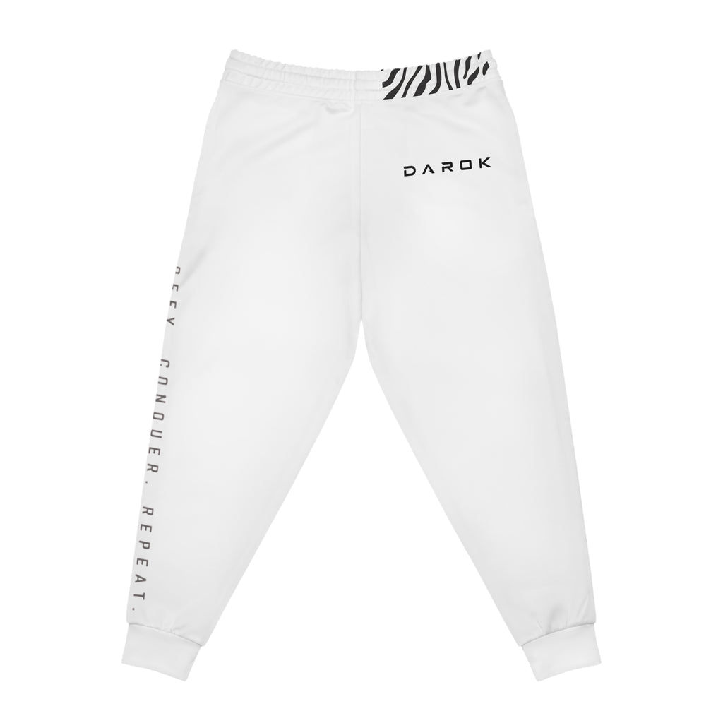 Athletic Joggers — Minimalist White AOP Joggers with 'DARK' Logo & Side Text