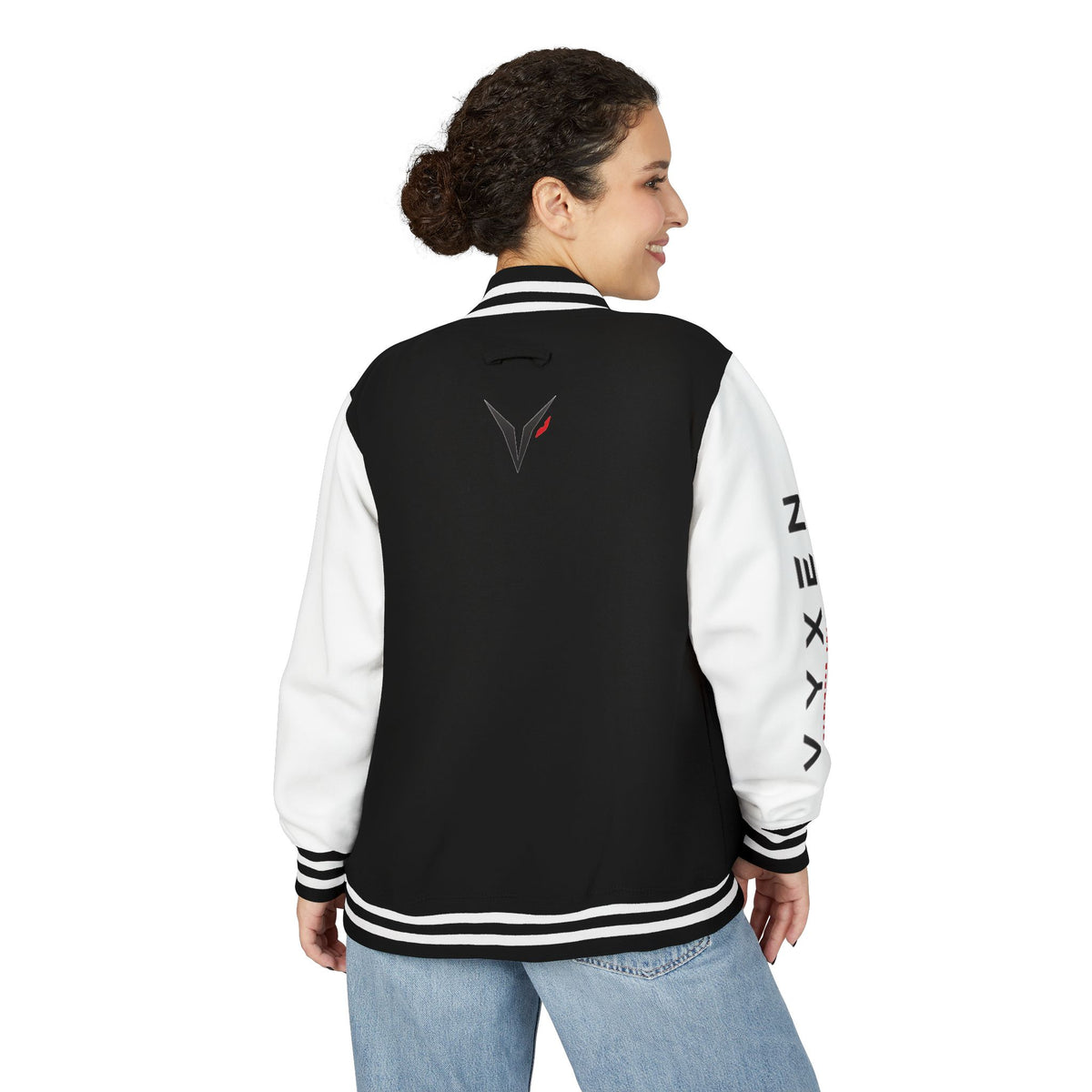 Vyxen Red & White Letterman Jacket — "VYXEN" Sleeve Logo