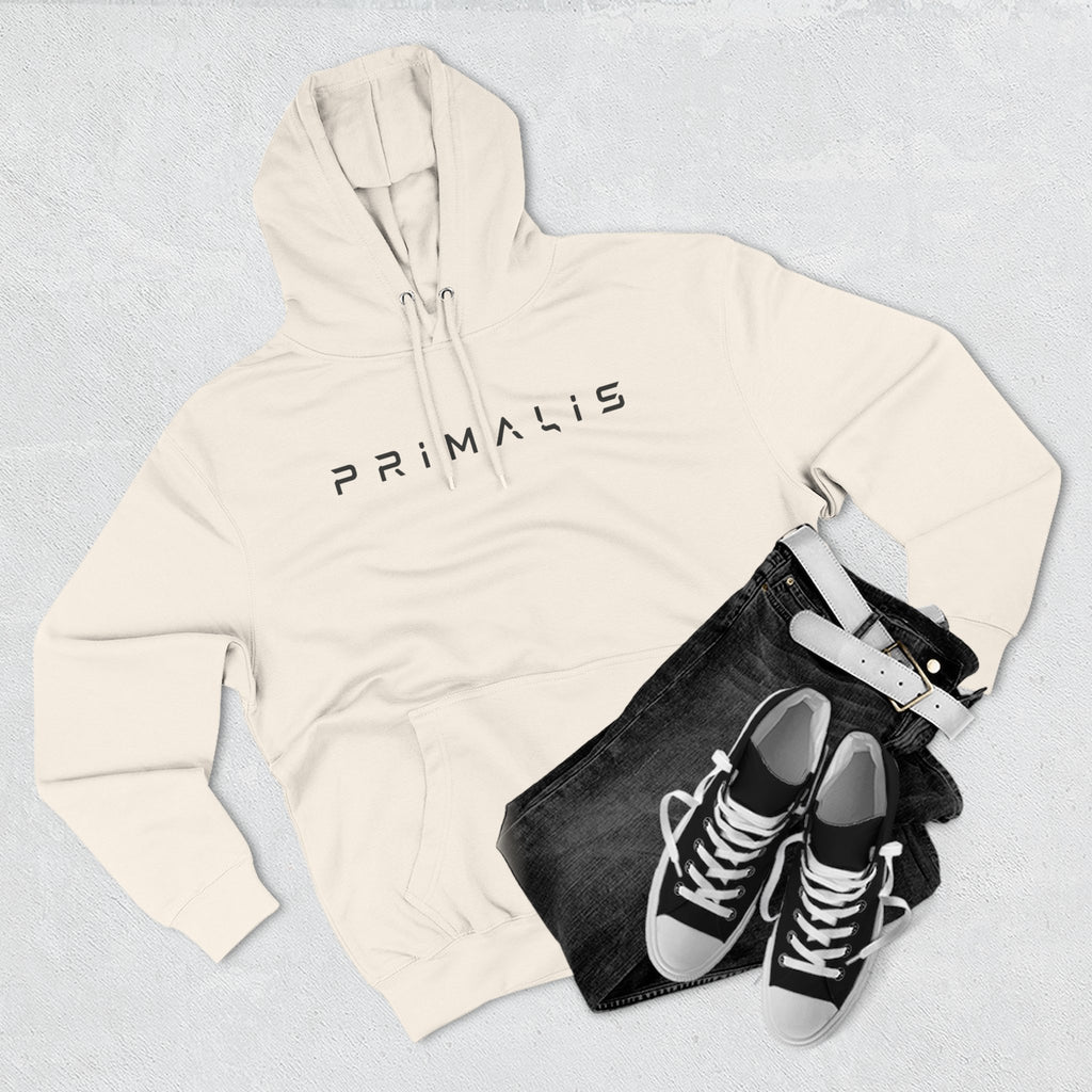 Primalis Minimal Logo Hoodie — White Fleece Pullover with Front Text & Back Emblem
