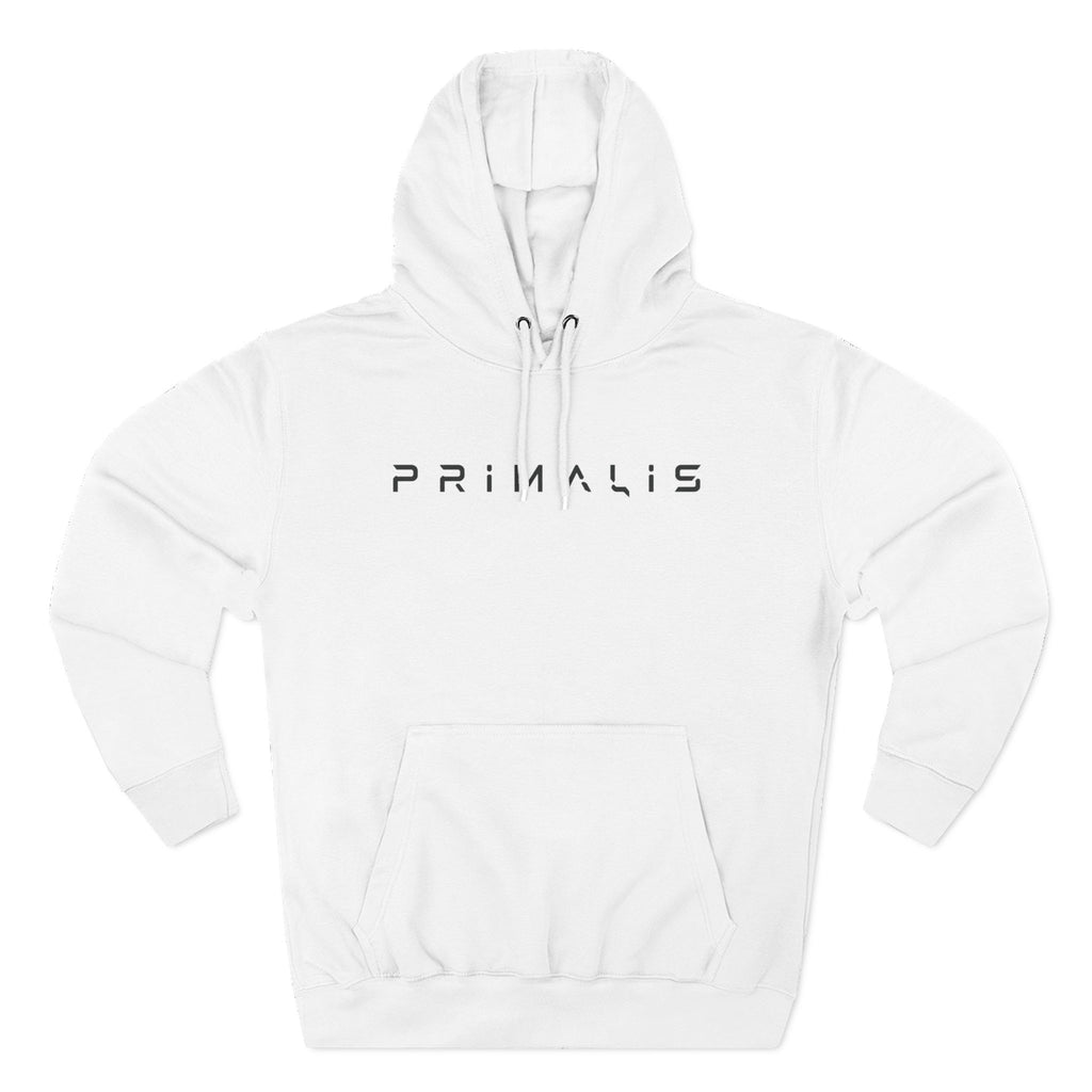 Primalis Minimal Logo Hoodie — White Fleece Pullover with Front Text & Back Emblem