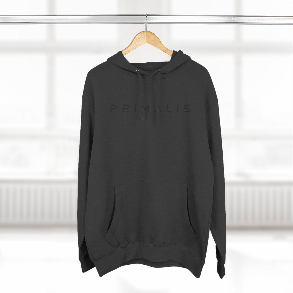 Primalis Minimal Logo Hoodie — White Fleece Pullover with Front Text & Back Emblem