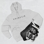 Primalis Minimal Logo Hoodie — White Fleece Pullover with Front Text & Back Emblem