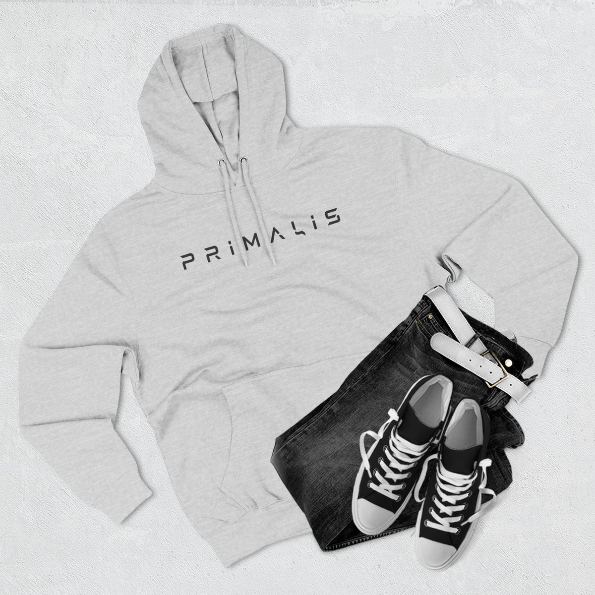 Primalis Minimal Logo Hoodie — White Fleece Pullover with Front Text & Back Emblem