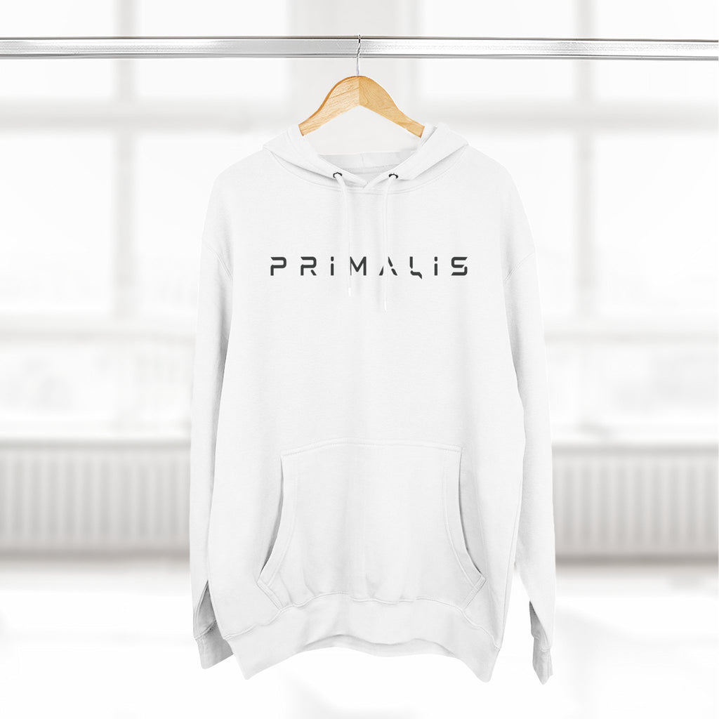 Primalis Minimal Logo Hoodie — White Fleece Pullover with Front Text & Back Emblem