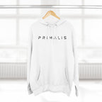 Primalis Minimal Logo Hoodie — White Fleece Pullover with Front Text & Back Emblem