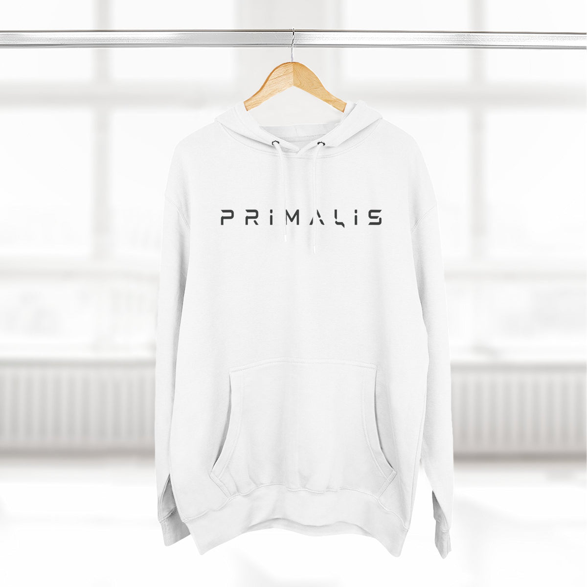 Primalis Minimal Logo Hoodie — White Fleece Pullover with Front Text & Back Emblem