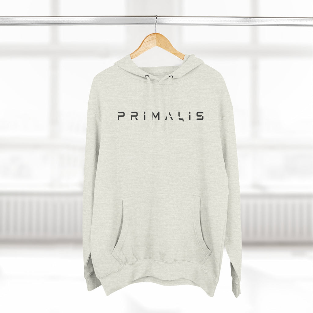 Primalis Minimal Logo Hoodie — White Fleece Pullover with Front Text & Back Emblem