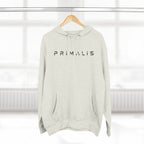 Primalis Minimal Logo Hoodie — White Fleece Pullover with Front Text & Back Emblem