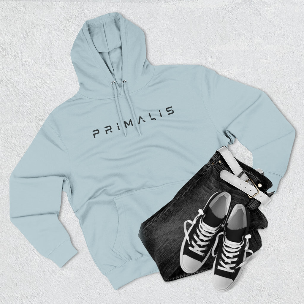 Primalis Minimal Logo Hoodie — White Fleece Pullover with Front Text & Back Emblem