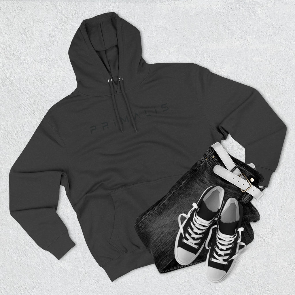 Primalis Minimal Logo Hoodie — White Fleece Pullover with Front Text & Back Emblem