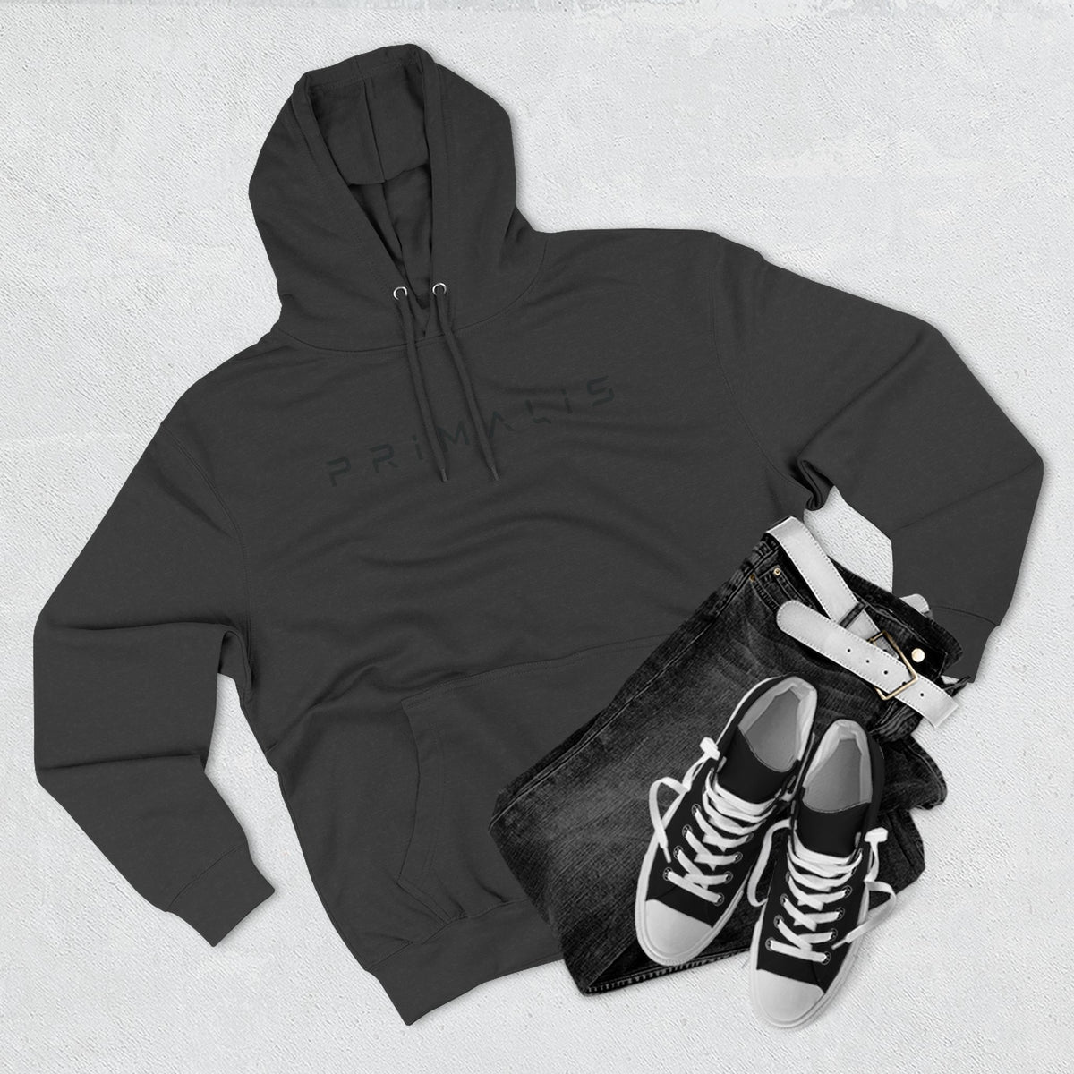 Primalis Minimal Logo Hoodie — White Fleece Pullover with Front Text & Back Emblem