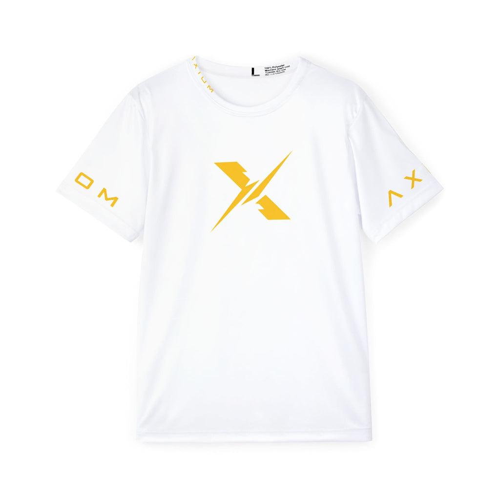 Sports Jersey — White Performance Tee with Yellow X Logo & “Discipline Drives Destiny” Back Print