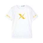 Sports Jersey — White Performance Tee with Yellow X Logo & “Discipline Drives Destiny” Back Print